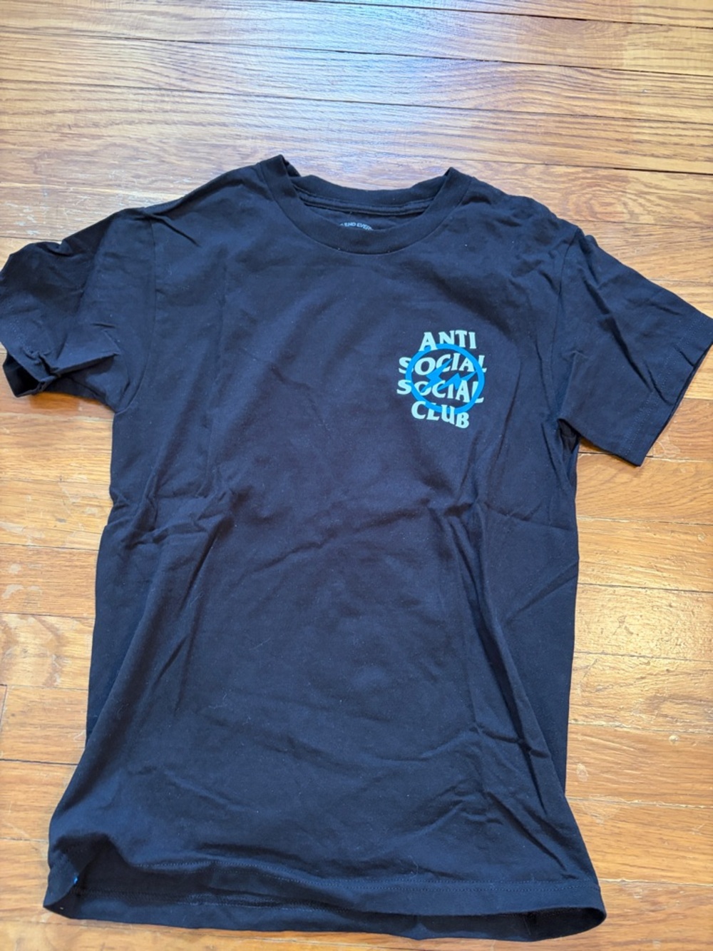 Anti Social Social Club Black Tee with white and blue  Chest and back  Logo